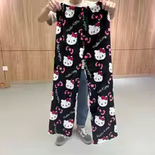 Hello Kitty Flannel Wide Leg Pajama Pants for Women – Soft Printed Loungewear