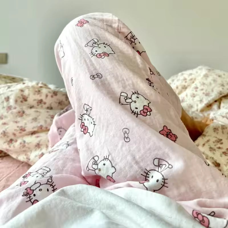 Hello Kitty Summer Sleeping Pants for Women – Loose High-Waist Pajama Pants