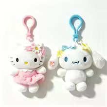 Floral Hello Kitty & Cinnamoroll Plush Keychain – Soft Fluffy Doll Bag Charm Gift