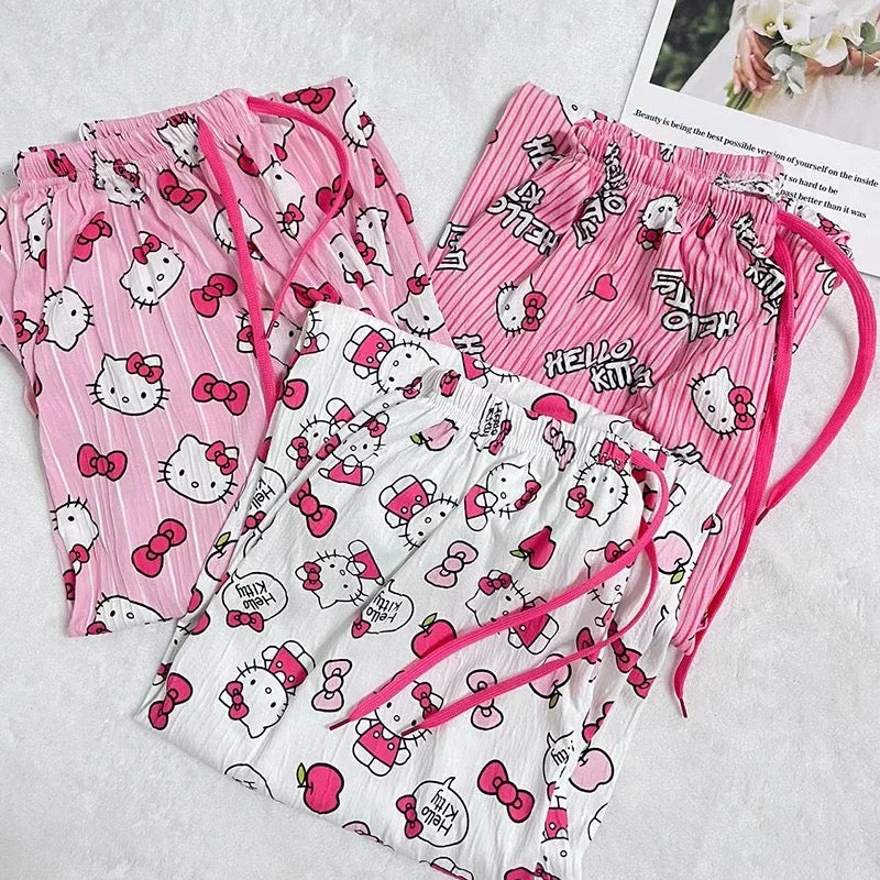 Hello Kitty Pajama Pants – Cute Cartoon Couple Sleepwear in Pink, Rose Red & White