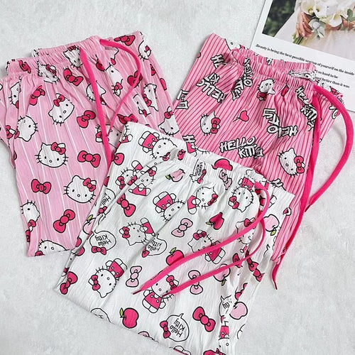 Hello Kitty Pajama Pants – Cute Cartoon Couple Sleepwear in Pink, Rose Red & White
