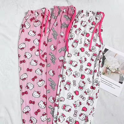 Hello Kitty Pajama Pants – Cute Cartoon Couple Sleepwear in Pink, Rose Red & White